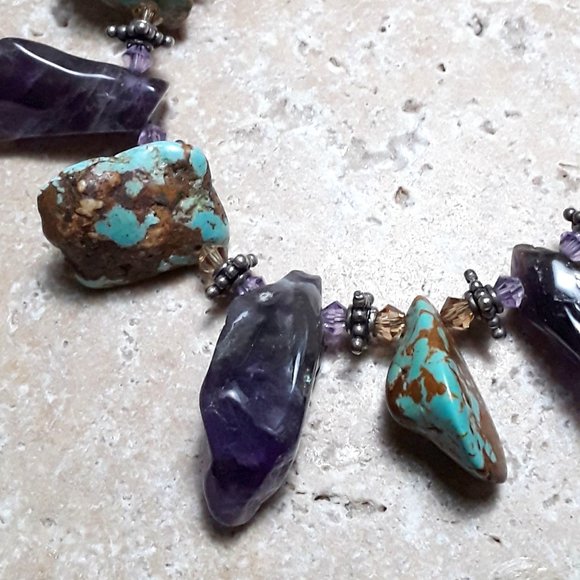 Statement Bracelet with Natural Free Form Amethyst and Turquoise Nuggets - Picture 3 of 3